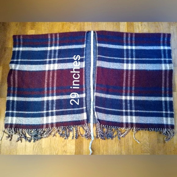 PONCHO - Plaid Soft Blanket Poncho in Red, White, and Blue with Tassles - Picture 6 of 9